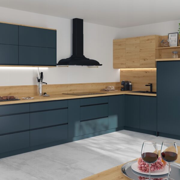 VELDEN kék elemes konyhabútor – világos, modern sarok konyha