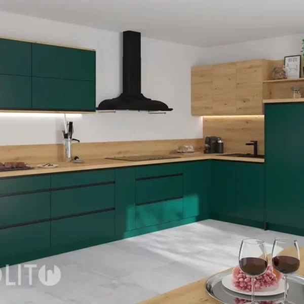 VELDEN zöld elemes konyhabútor – modern sarokkonyha fa részletekkel