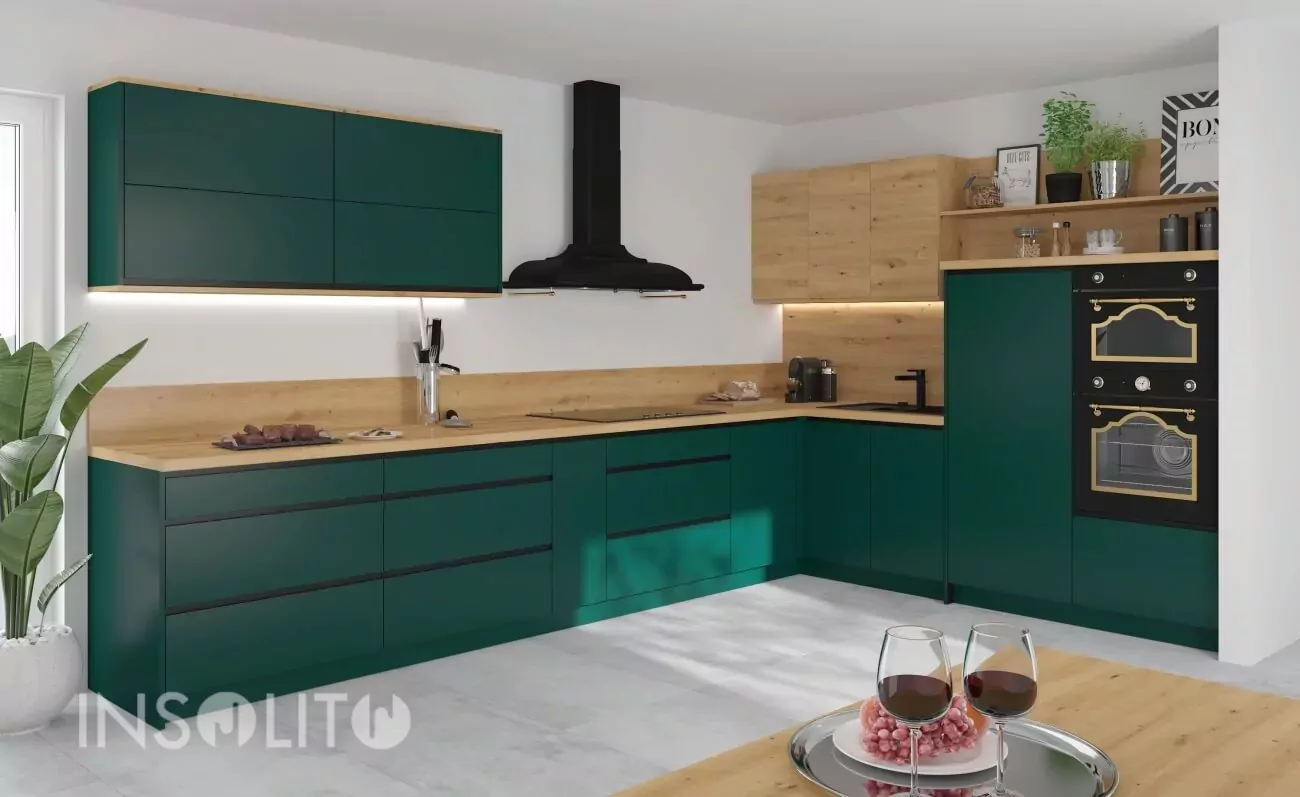 VELDEN zöld elemes konyhabútor – modern sarokkonyha fa részletekkel