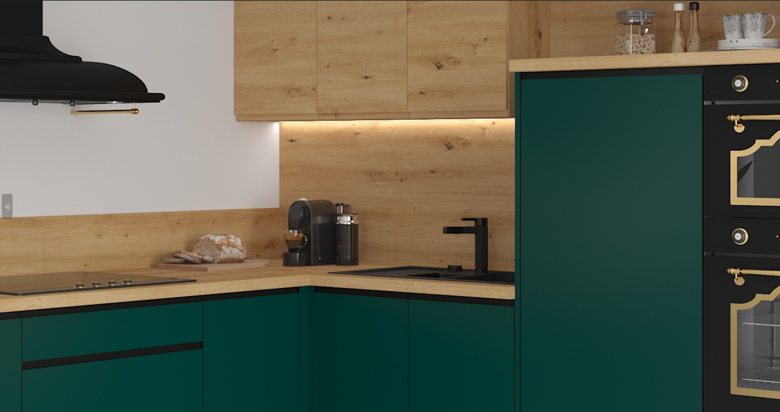 VELDEN emerald zöld elemes konyhabútor – sarok konyha közeli részlet