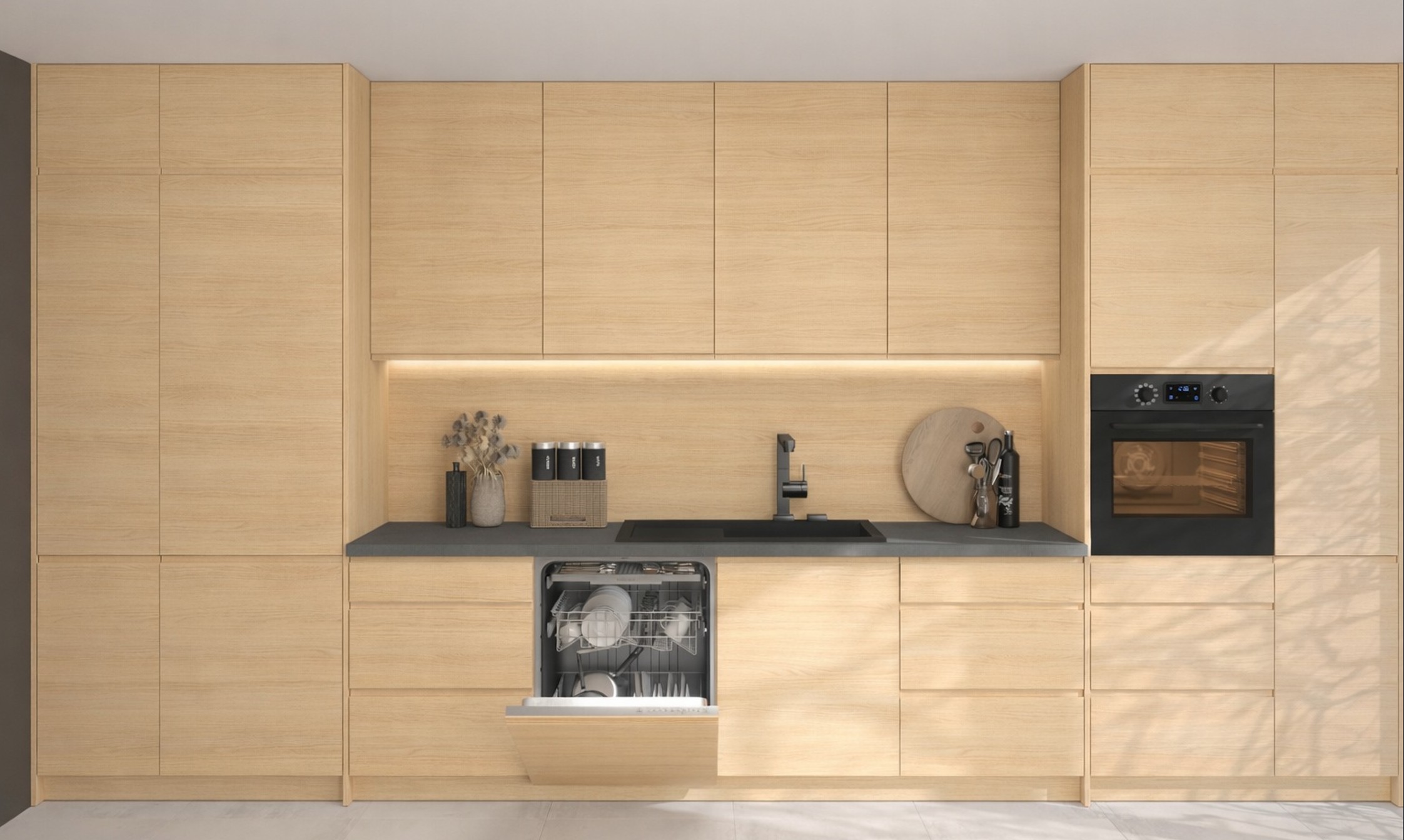 VIANO AVELLINO elemes konyhabútor világos fa frontokkal, fekete munkalappal és beépített sütővel