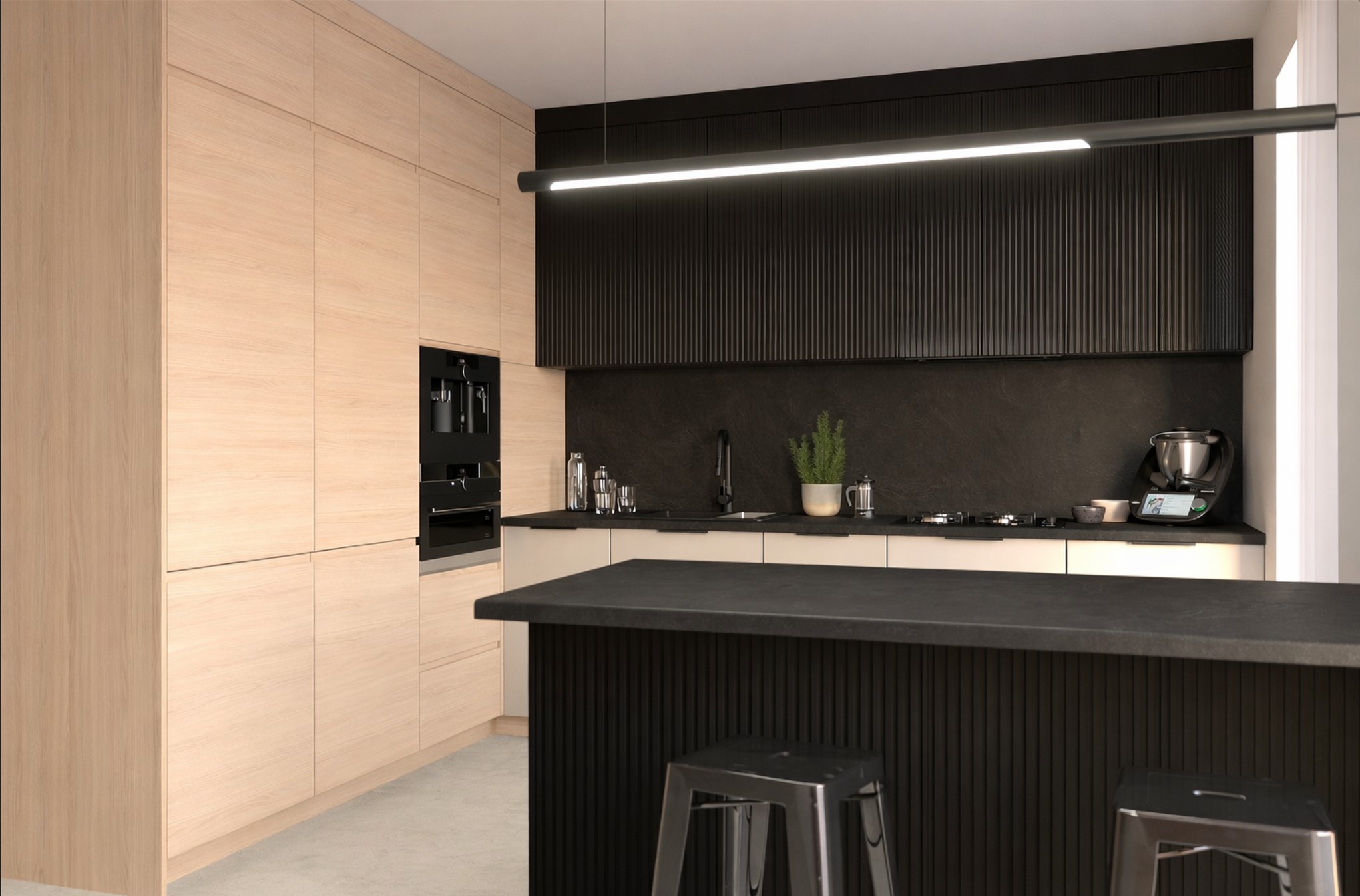 VIANO elemes konyhabútor fekete felső szekrényekkel és fa alsó elemekkel, modern konyhaszigettel