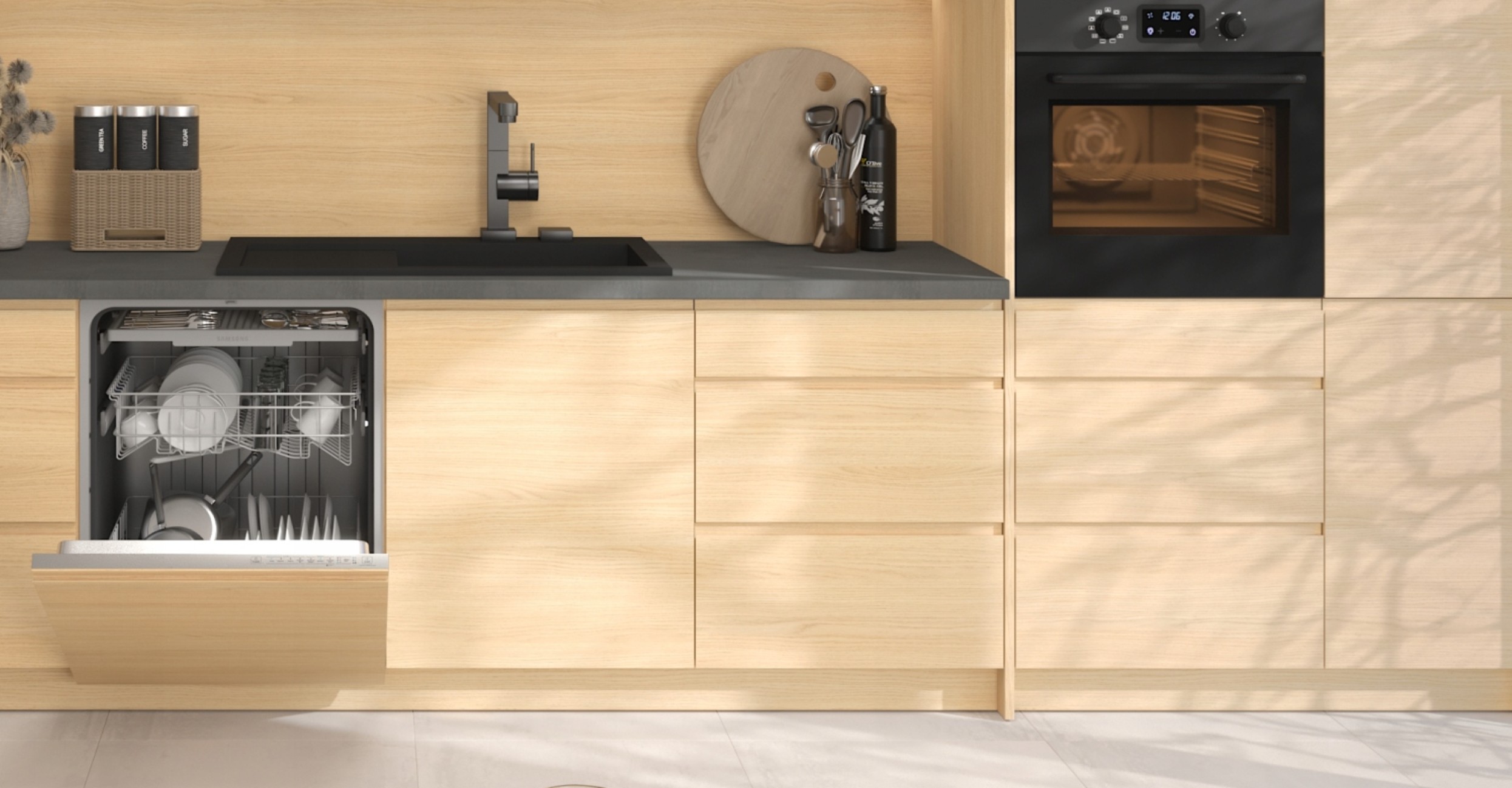 VIANO konyhabútor mosogató résszel és nyitott beépített mosogatógéppel