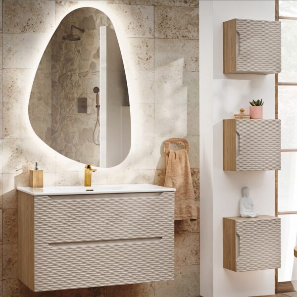 OCEAN BEIGE fürdőszoba bútor falra szerelt mosdószekrénnyel és organikus formájú LED tükörrel