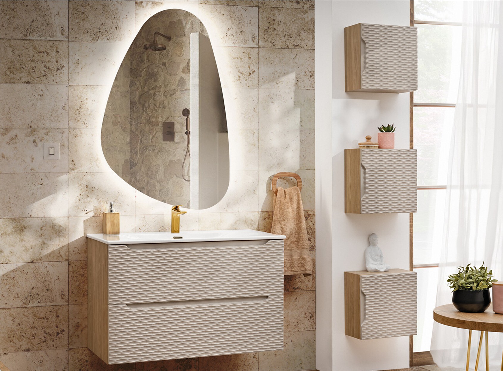 OCEAN BEIGE fürdőszoba bútor falra szerelt mosdószekrénnyel és organikus formájú LED tükörrel