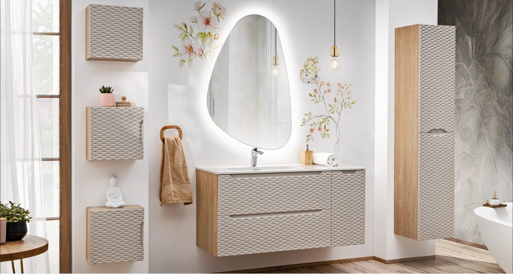 OCEAN BEIGE komplett fürdőszoba bútor szett magas szekrénnyel és LED tükörrel