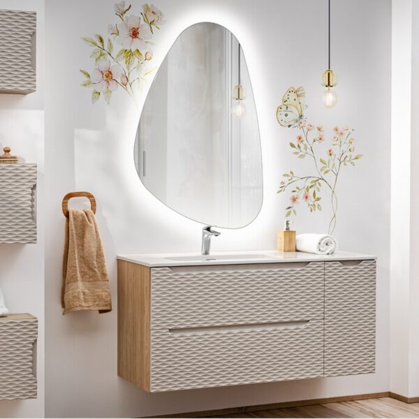 OCEAN BEIGE komplett fürdőszoba bútor szett magas szekrénnyel és LED tükörrel