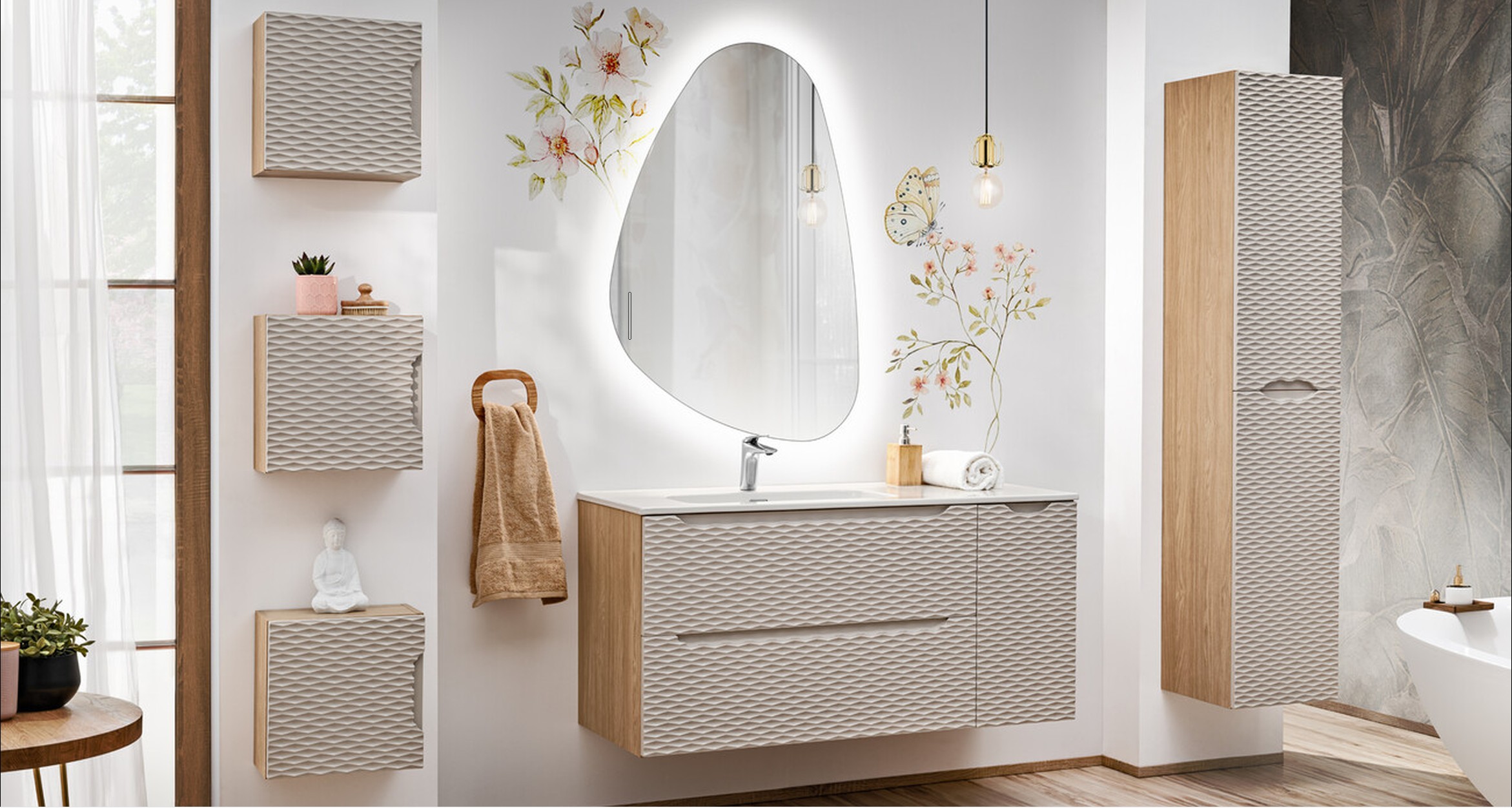 OCEAN BEIGE komplett fürdőszoba bútor szett magas szekrénnyel és LED tükörrel