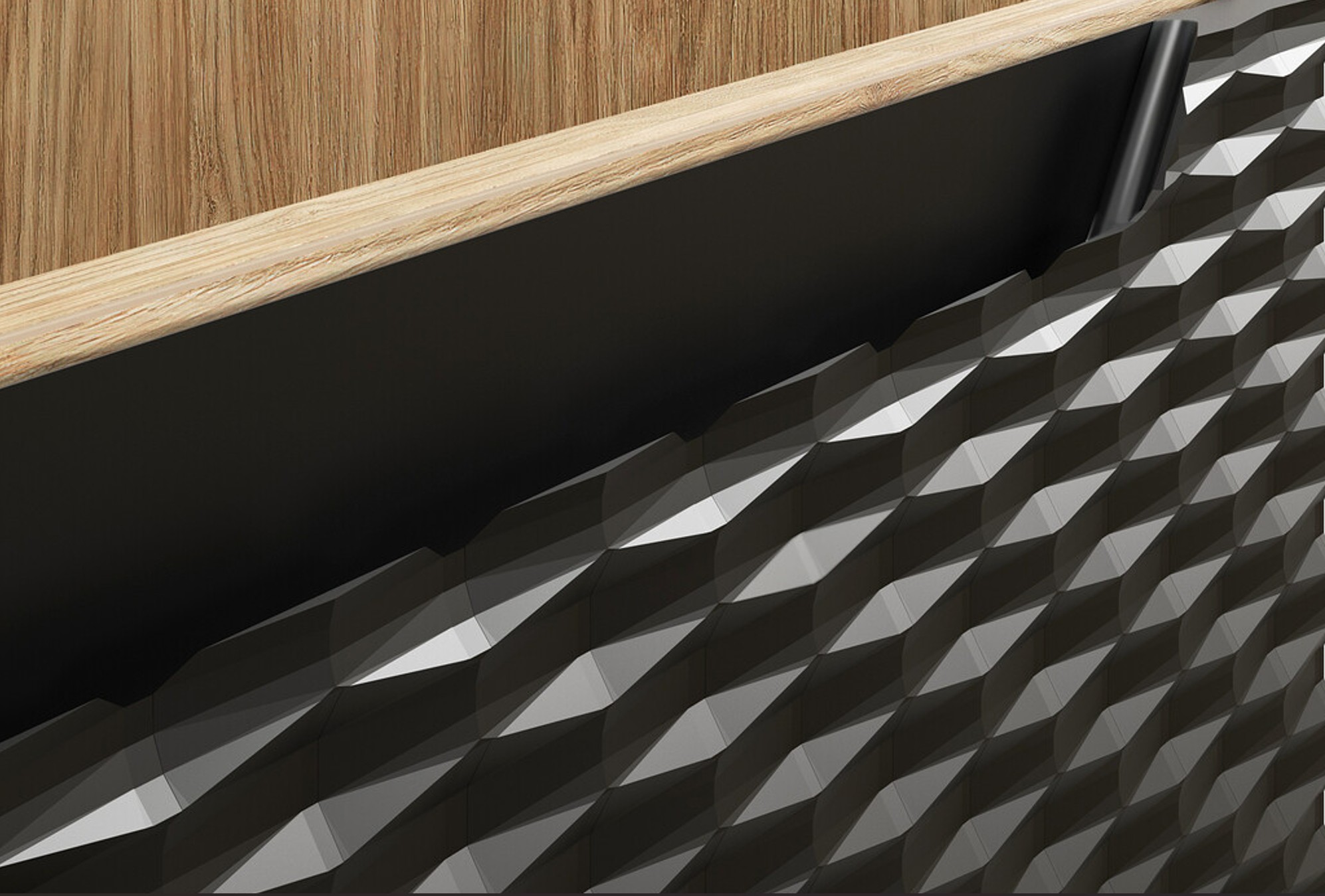 OCEAN BLACK 3D fekete front és tölgy munkalap részlet közelről