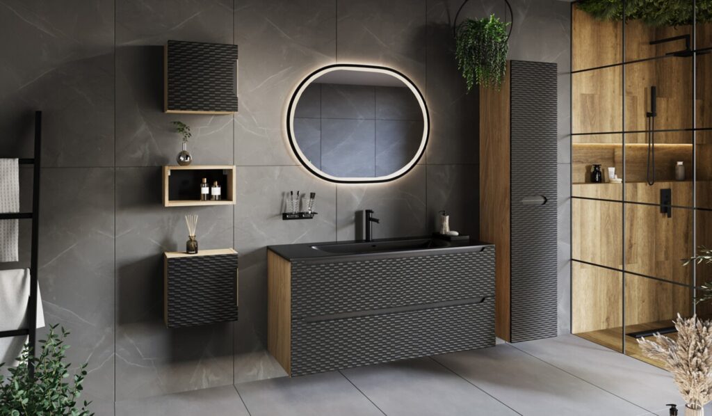 OCEAN BLACK modern fürdőszoba bútor fekete mosdóval és kerek LED tükörrel