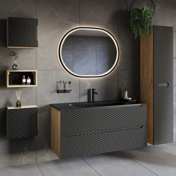 OCEAN BLACK modern fürdőszoba bútor fekete mosdóval és kerek LED tükörrel