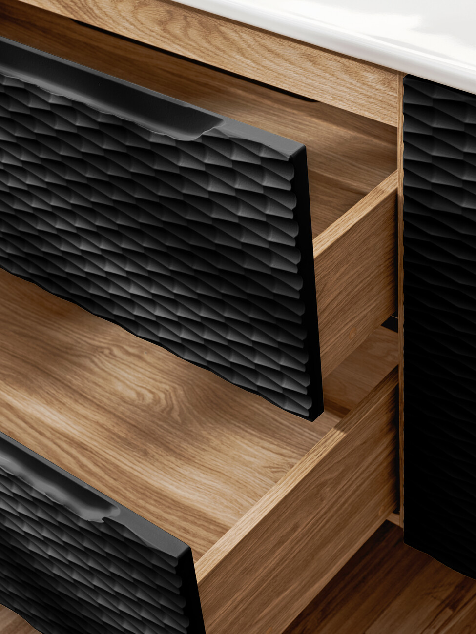 OCEAN BLACK fürdőszoba szekrény nyitott fiókokkal és fa belsővel