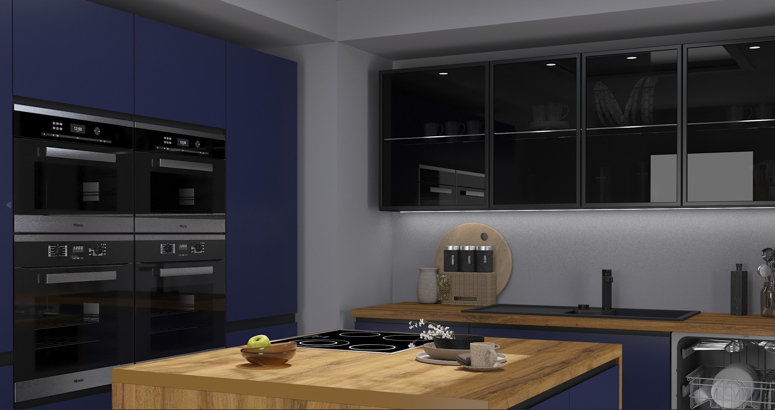 VELDEN navy kék elemes konyhabútor – modern sarok konyha részlet