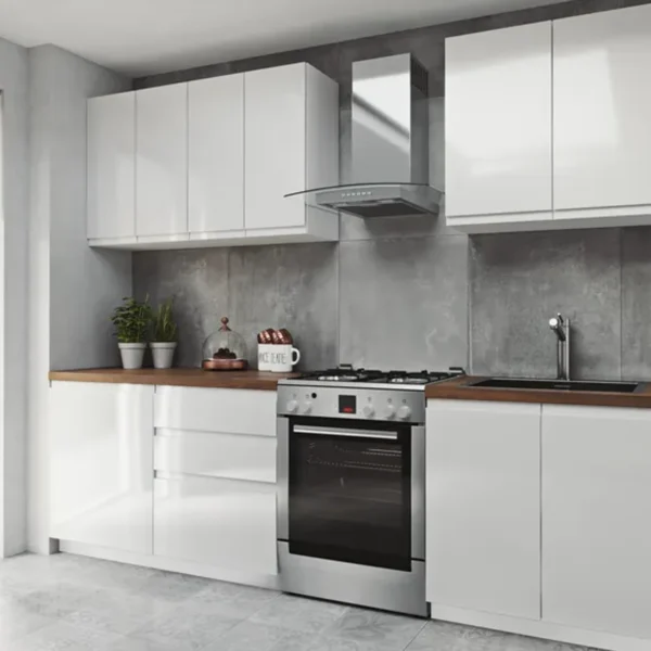 ASPEN fehér magasfényű elemes konyhabútor egyenes összeállítás fa munkalappal, páraelszívóval és sütővel