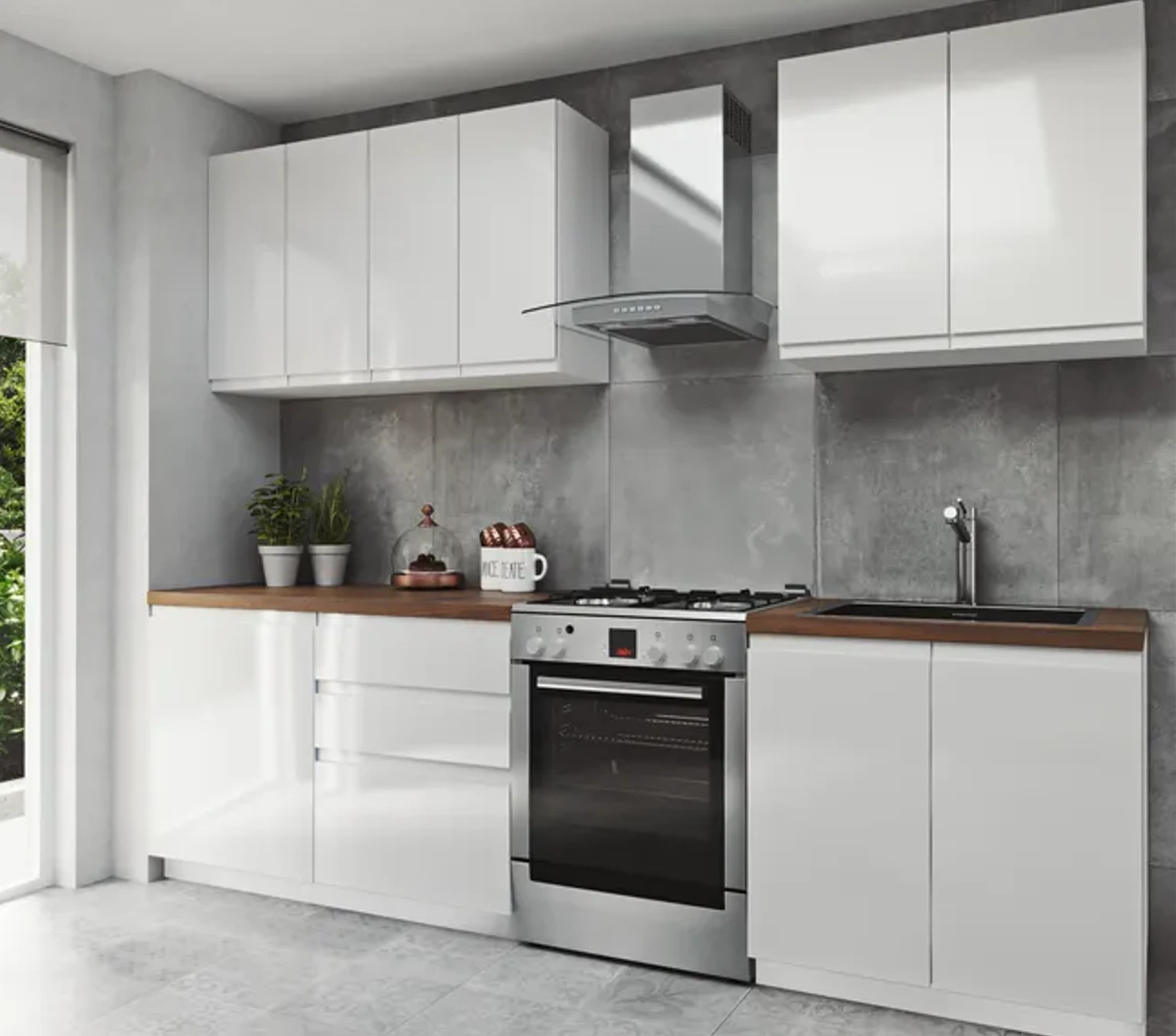 ASPEN fehér magasfényű elemes konyhabútor egyenes összeállítás fa munkalappal, páraelszívóval és sütővel