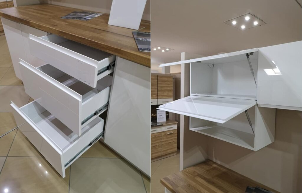 ASPEN fehér magasfényű elemes konyhabútor kiegészítők – teljesen kihúzható fiókok és felnyíló felső ajtó