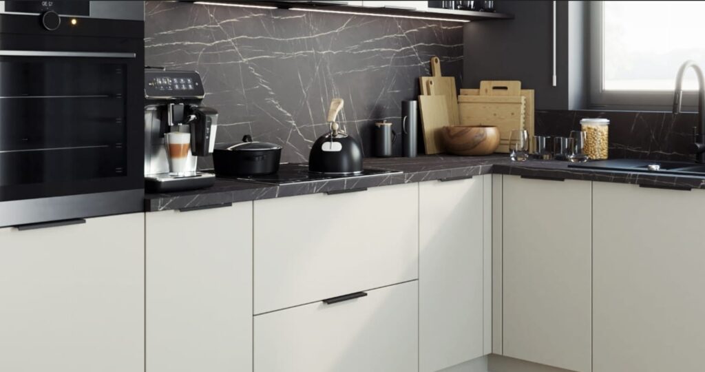 BRERRA MATT krém matt konyhabútor sötét márványhatású munkalappal, sarok mosogatóval és beépített sütővel