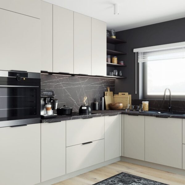BRERRA MATT krém matt sarokkonyha sötét márványhatású munkalappal, beépített sütővel és ablakos mosogatóval