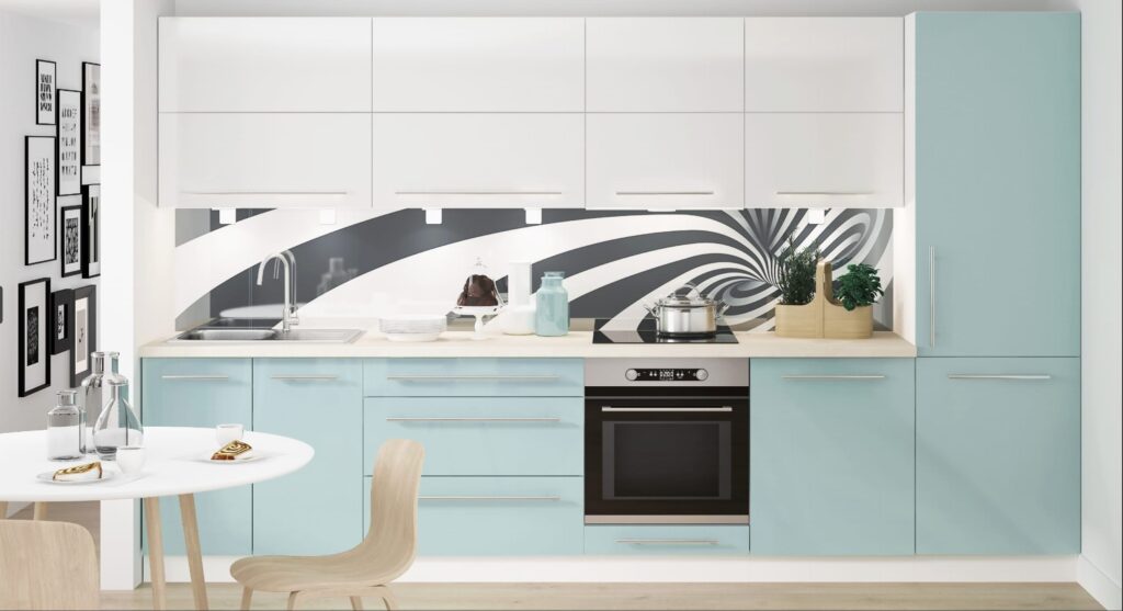 BRERRA MATT zöld-fehér konyhabútor: fehér felső szekrények és mentazöld alsó elemek grafikus hátfallal