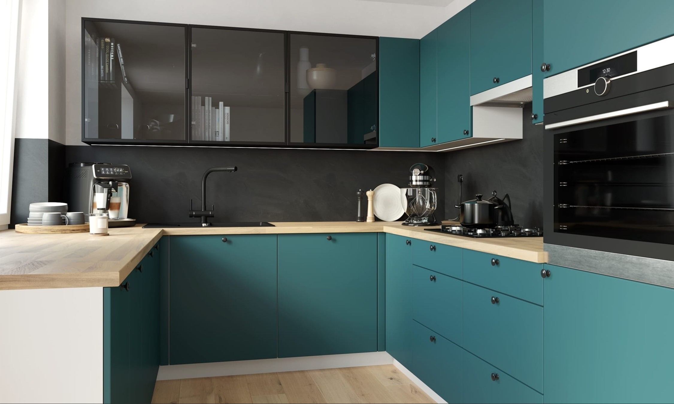 BRERRA MATT petrolzöld U alakú konyhabútor fa munkalappal, fekete hátfallal és üveges felső elemekkel