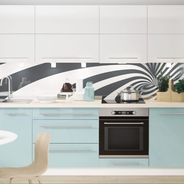 BRERRA magasfényű zöld–fehér konyhabútor grafikus hátfallal és beépített sütővel