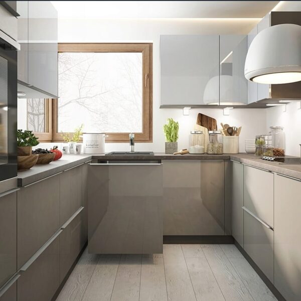 BRERRA magasfényű cappuccino U/sarok konyhabútor sarok mosogatóval és világos munkalappal