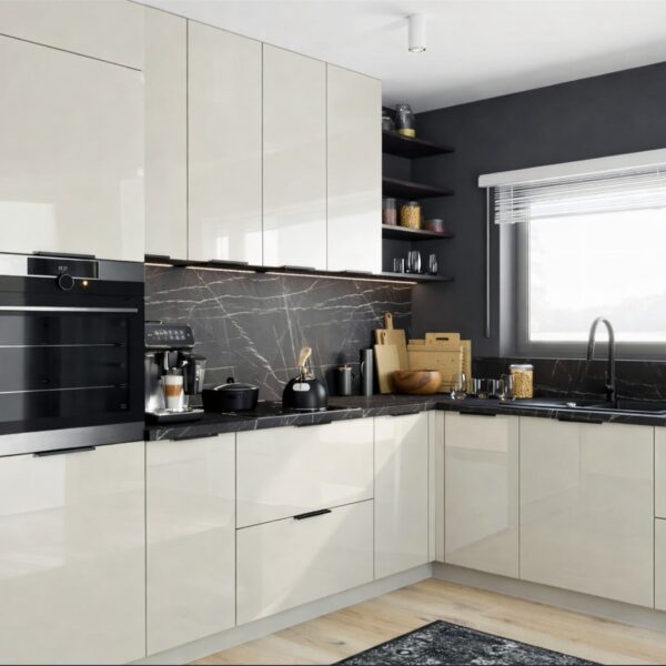 BRERRA magasfényű krém sarok konyhabútor fekete márványhatású hátfallal és mosogatóval