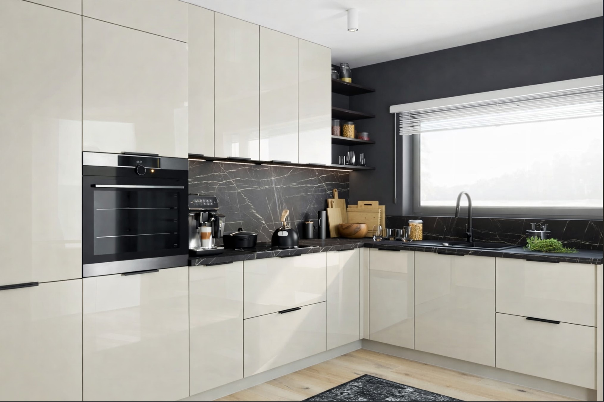BRERRA magasfényű krém sarok konyhabútor fekete márványhatású hátfallal és mosogatóval