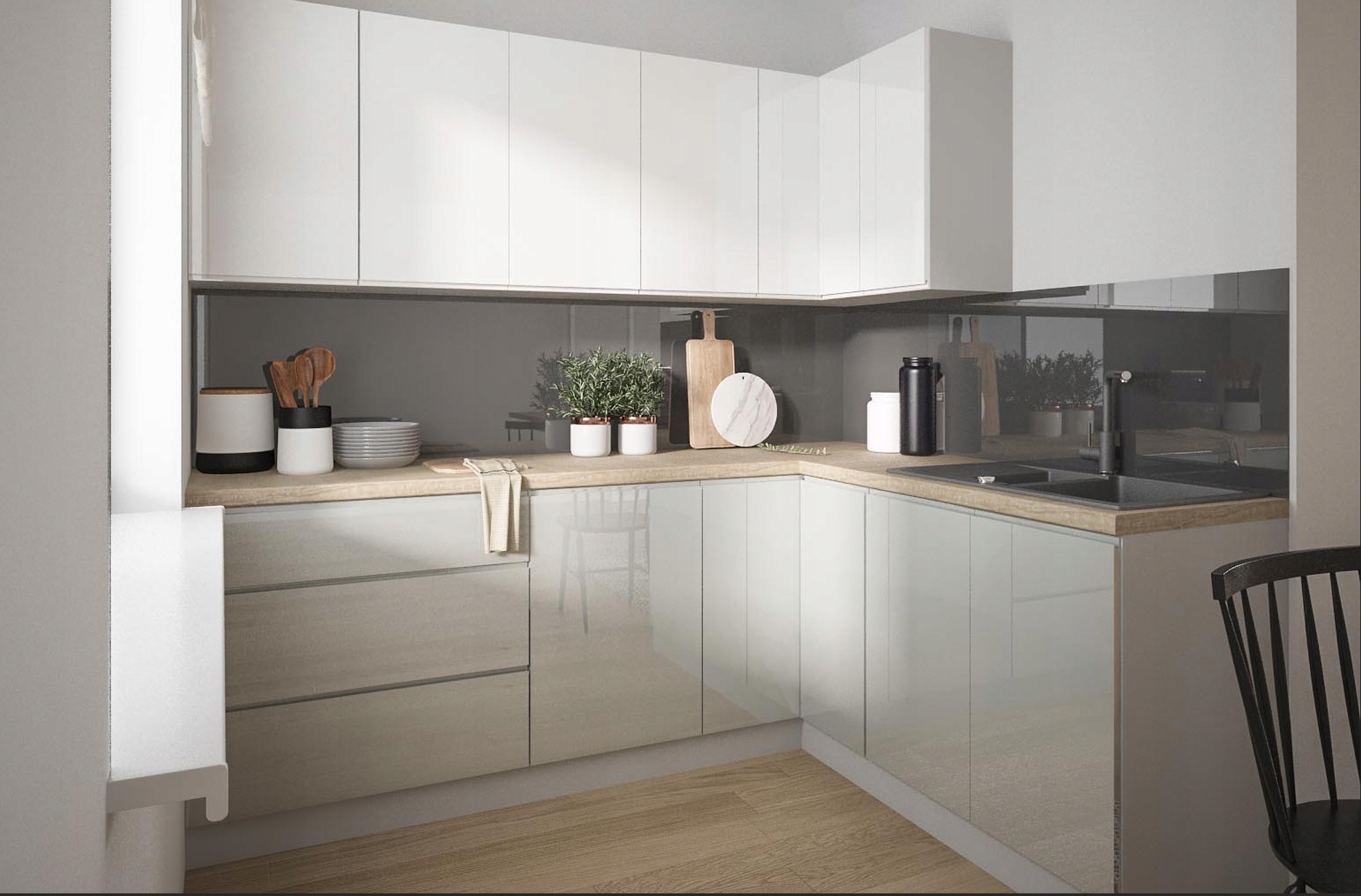 Florence magasfényű cream elemes konyhabútor sarokkonyha fehér felsőkkel, fa munkalappal és grafit üveg hátfallal