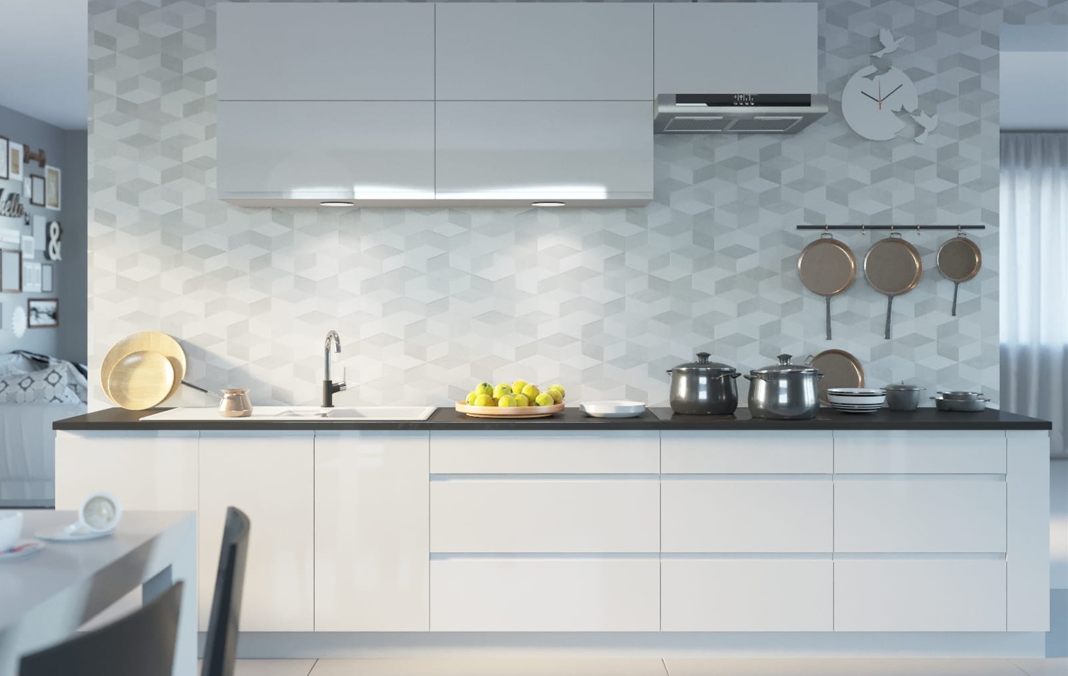 Florence magasfényű fehér elemes konyhabútor konyhabútor fekete munkalappal és geometrikus csempés háttérrel