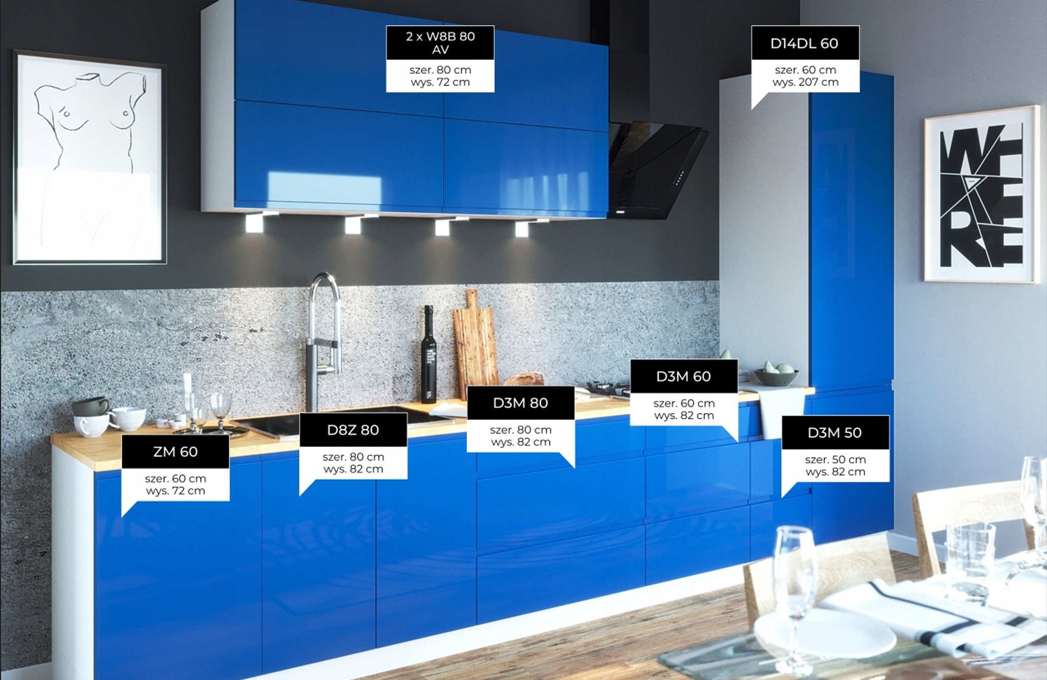 Florence magasfényű kék elemes konyhabútor elemlista – modulkódok és méretek jelölve