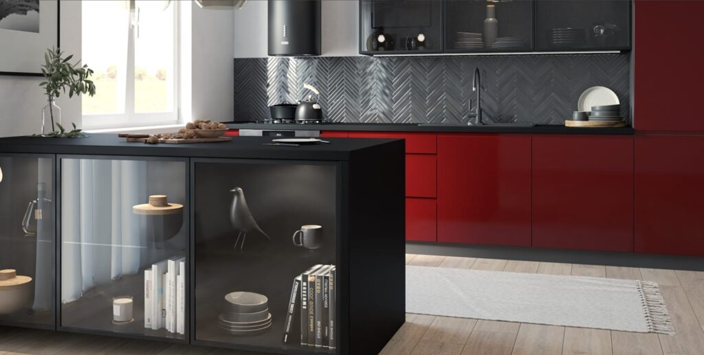 Magasfényű piros elemes konyhabútor részlet fekete munkalappal, sötét halszálka hátfallal és szigettel