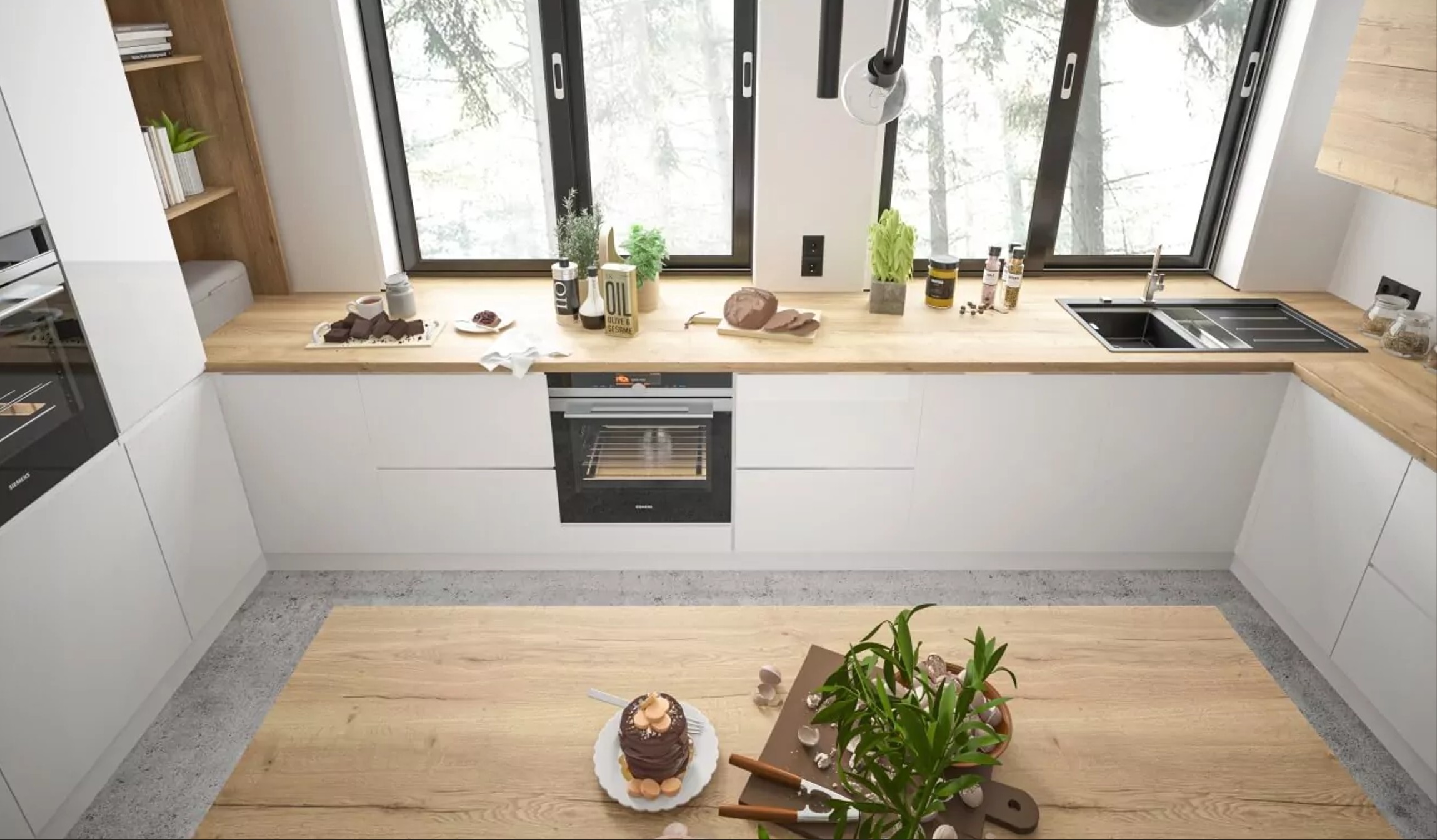 FLORENCE elemes konyhabútor U alakú elrendezés fehér frontokkal, tölgy munkalappal és beépített sütővel