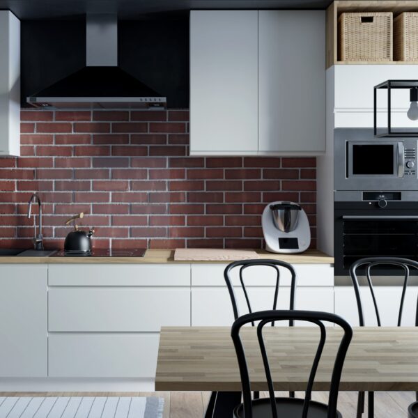 FLORENCE elemes konyhabútor matt fehér fa munkalappal, téglafal hatású hátfallal és beépített gépekkel
