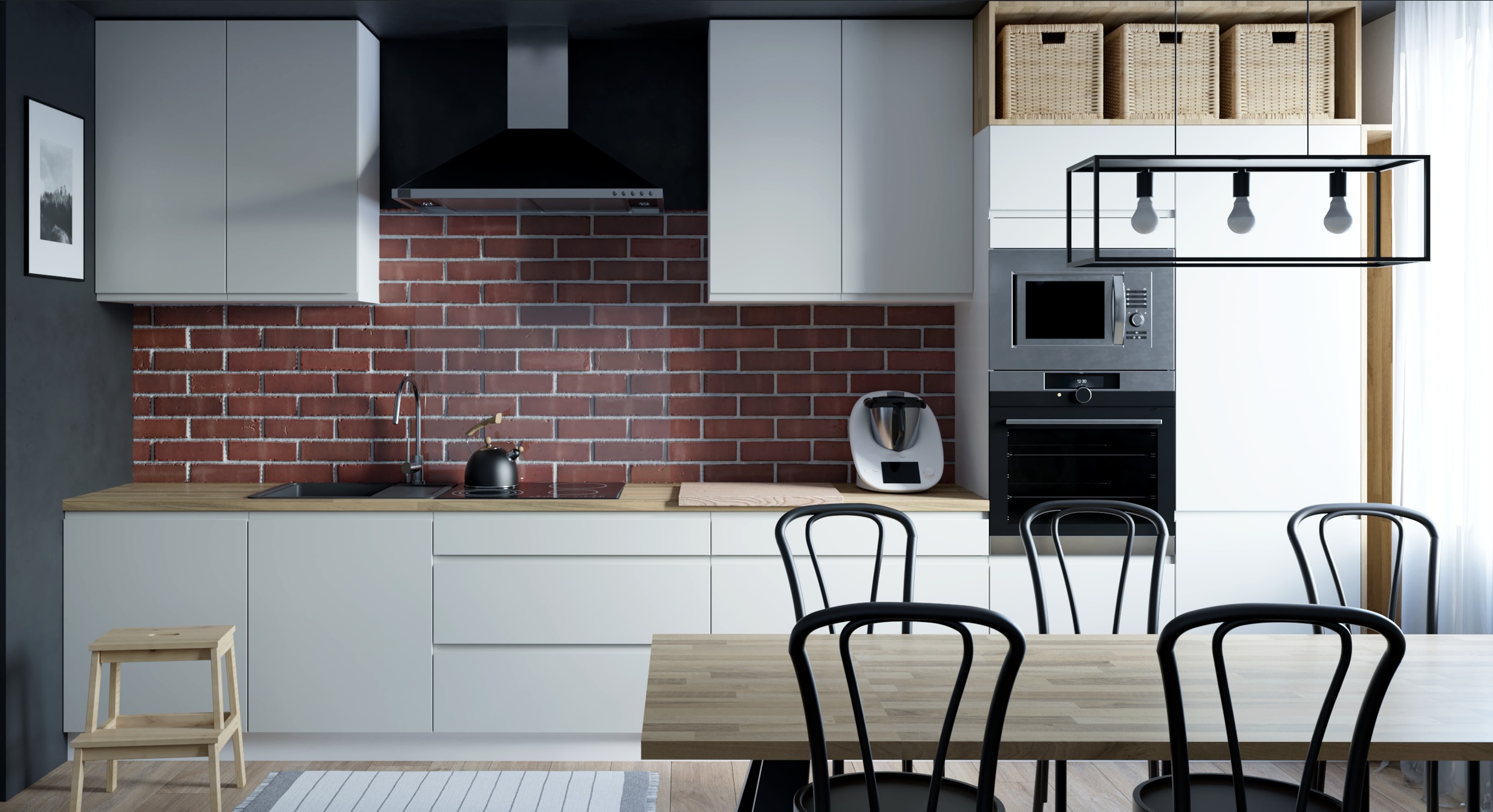 FLORENCE elemes konyhabútor matt fehér fa munkalappal, téglafal hatású hátfallal és beépített gépekkel