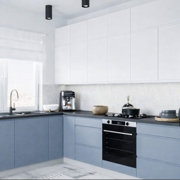 FLORENCE elemes konyhabútor matt kék–fehér sarokkonyha sötét munkalappal és beépített sütővel