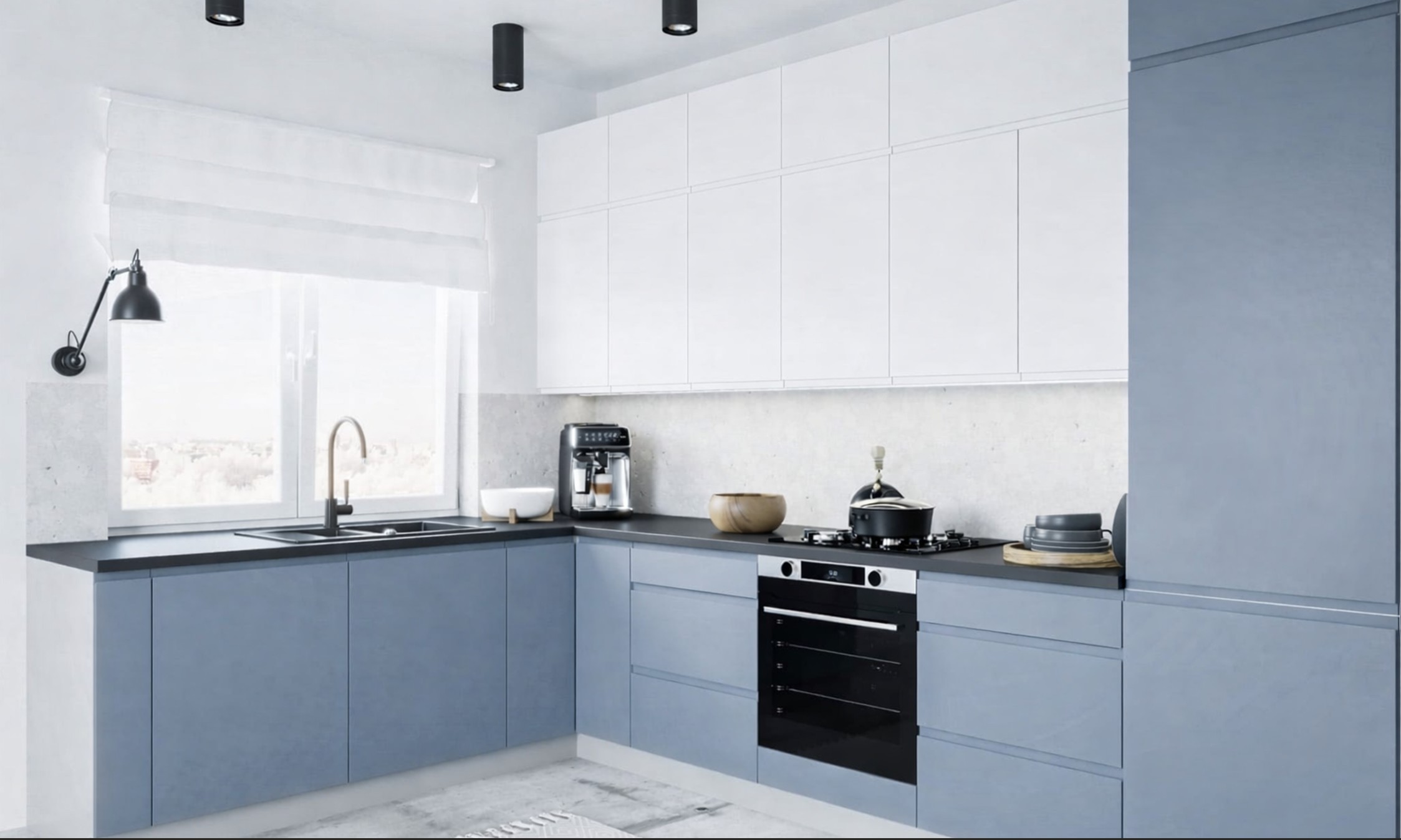 FLORENCE elemes konyhabútor matt kék–fehér sarokkonyha sötét munkalappal és beépített sütővel