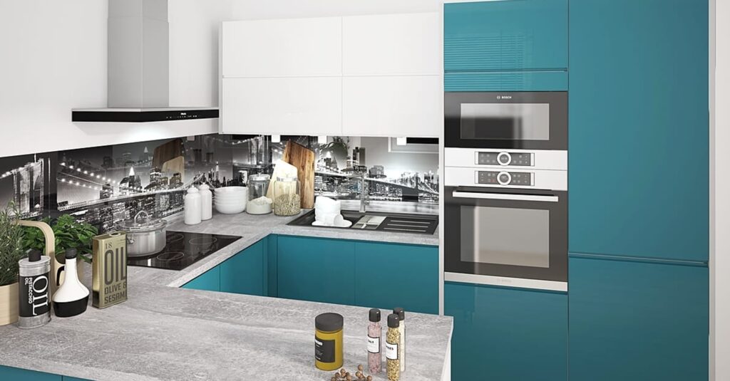 FLORENCE konyhabútor közeli – türkiz alsó elemek, fehér felsők, városkép hátfal, beépített sütőtorony