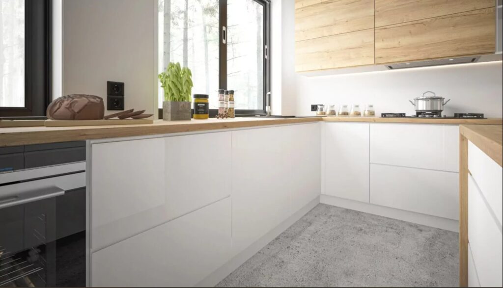 FLORENCE konyhabútor közeli – fehér alsó elemek, tölgy munkalap, nagy ablakos mosogatózóna
