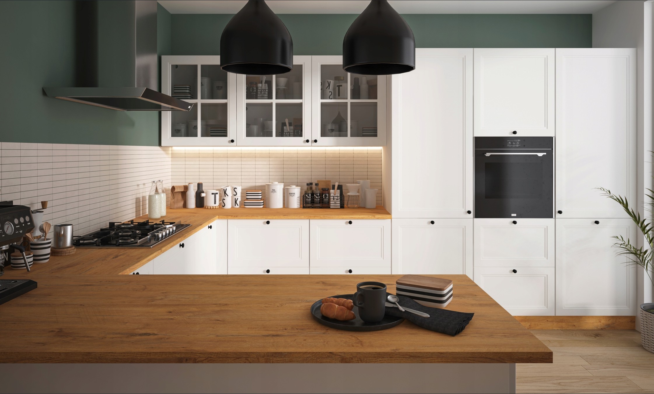 FORLI fehér U alakú sarok konyhabútor fa munkalappal és beépített sütővel