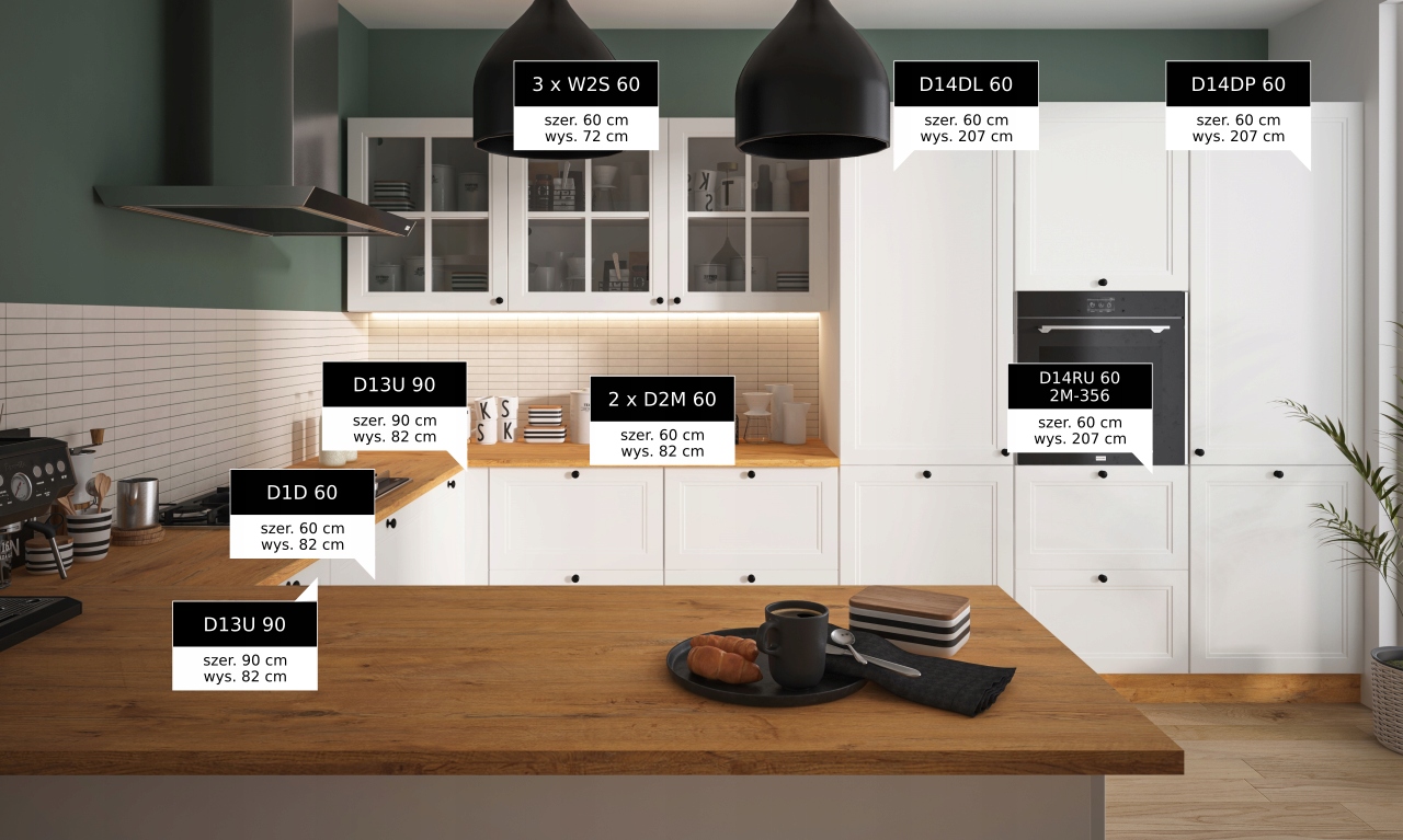 FORLI fehér U alakú konyhabútor elemlista jelölésekkel és méretekkel