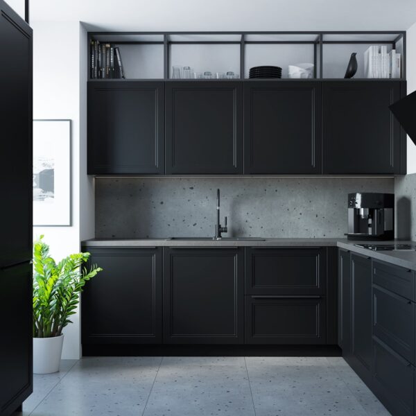FORLI fekete sarok konyhabútor beton hatású hátfallal és beépített sütővel