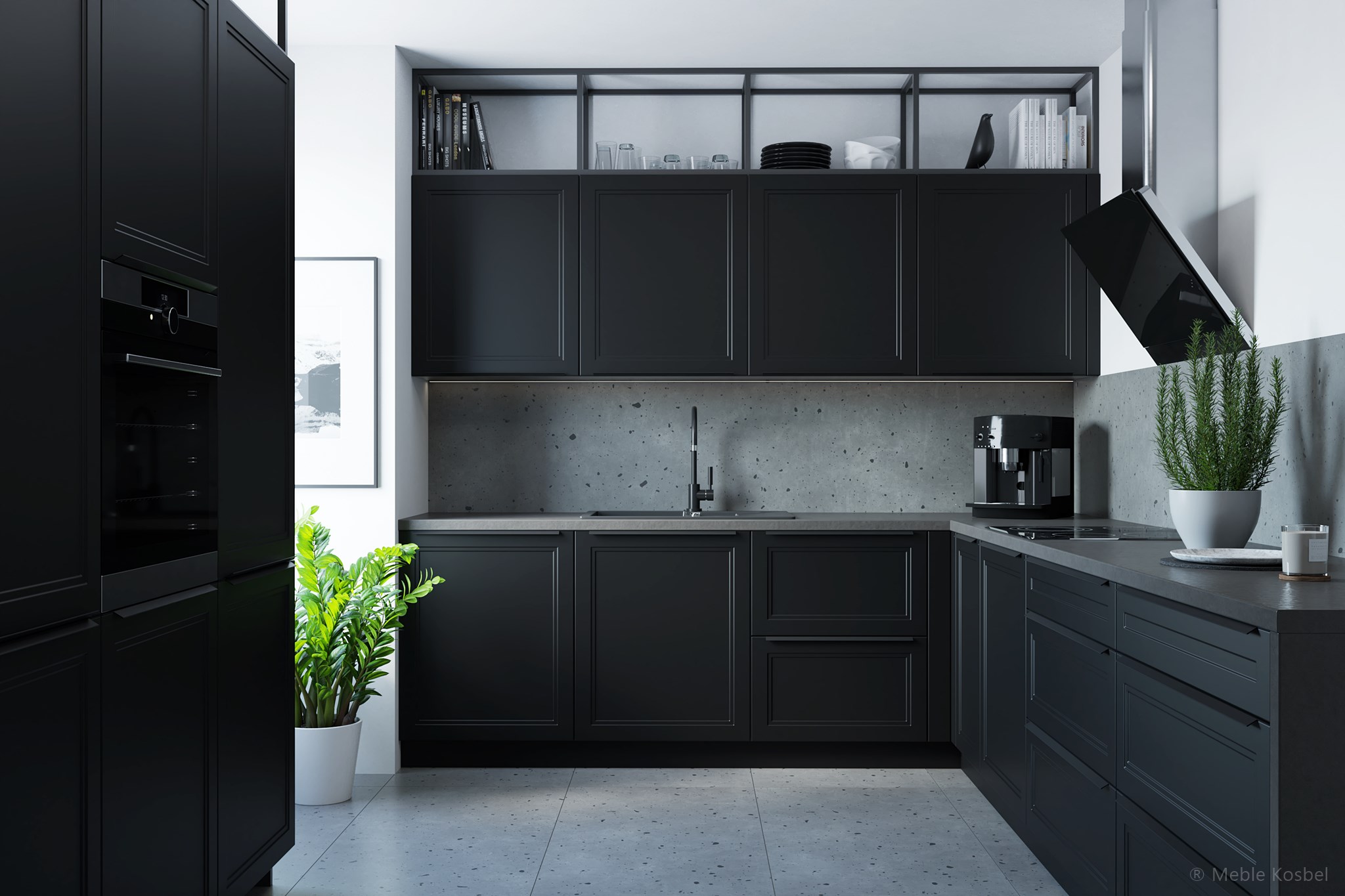 FORLI fekete sarok konyhabútor beton hatású hátfallal és beépített sütővel