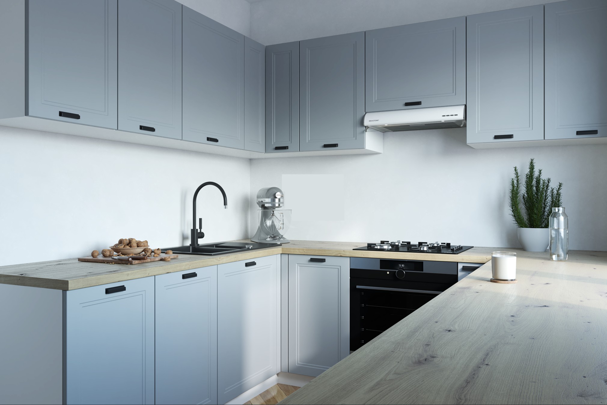 FORLI szürke sarok konyhabútor fa munkalappal, fekete mosogatóval és sütővel