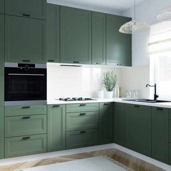 FORLI zöld sarok konyhabútor fehér pulttal és ablak alatti mosogatóval