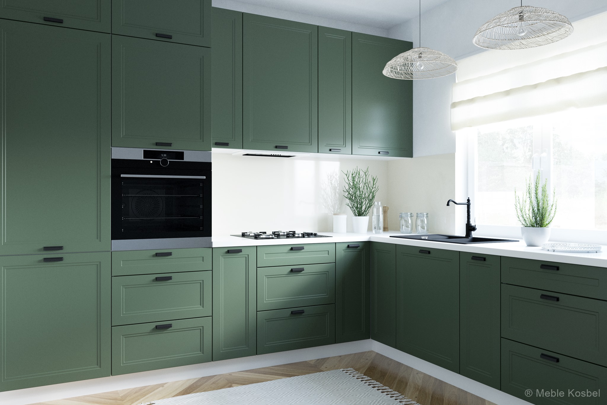 FORLI zöld sarok konyhabútor fehér pulttal és ablak alatti mosogatóval