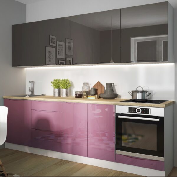 Napoli magasfényű fukszia-szürke elemes konyhabútor egyedi színkombinációval