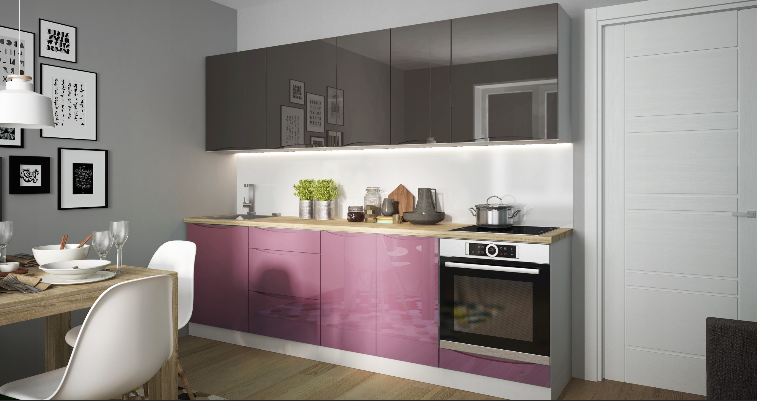 Napoli magasfényű fukszia-szürke elemes konyhabútor egyedi színkombinációval