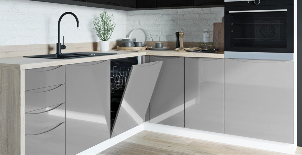 Napoli magasfényű elemes konyhabútor közeli 4 részlet tárolómegoldásokkal