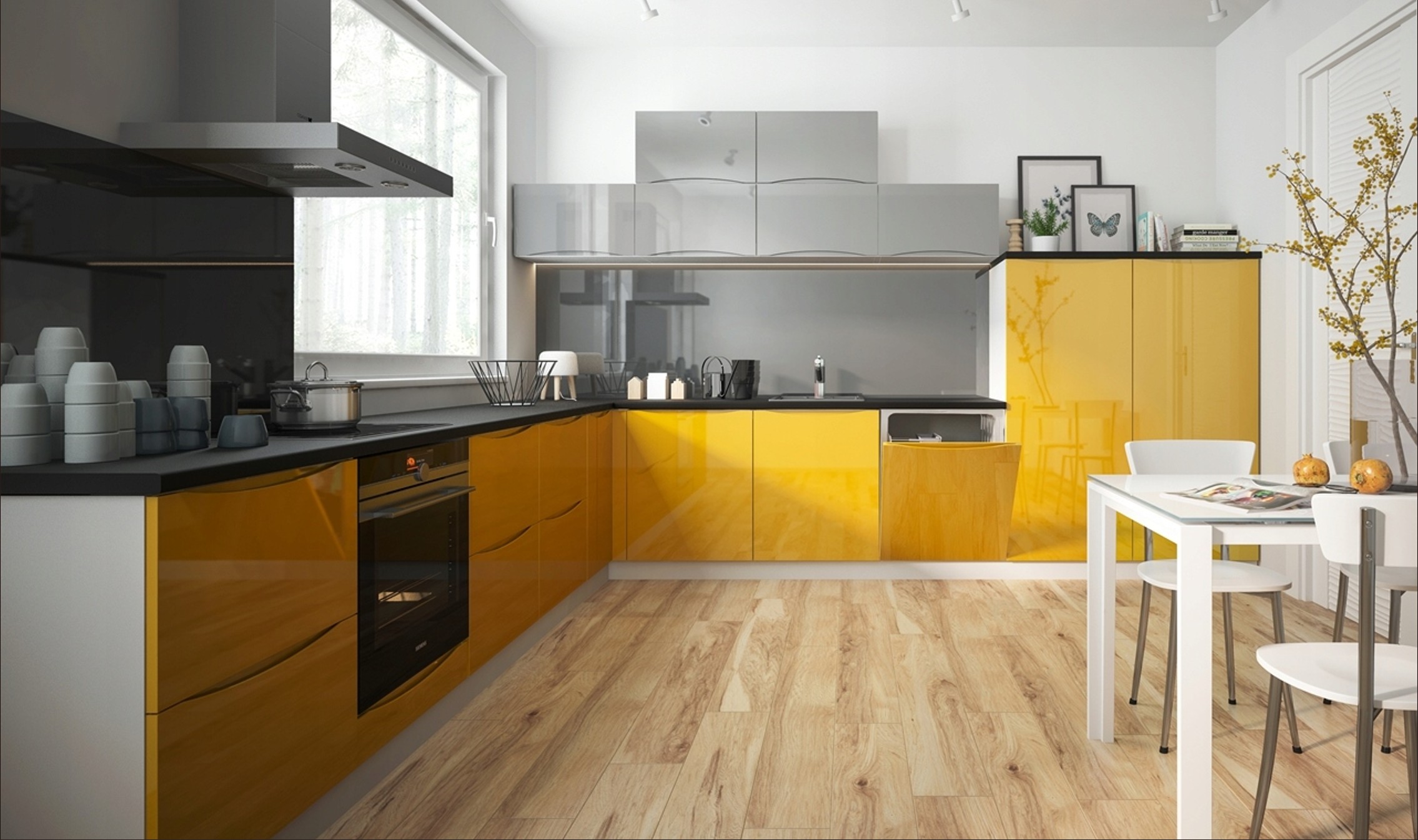 Napoli magasfényű sárga sarok elemes konyhabútor modern elrendezéssel